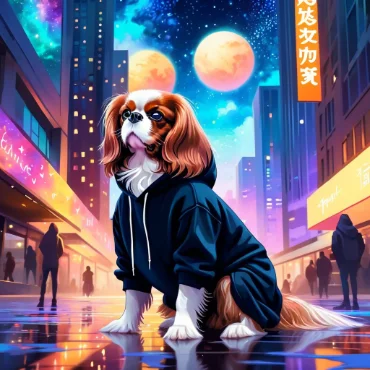 Cavalier King Charles Spaniel in a black hoodie sitting on a city street with two moons in the sky.