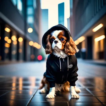 Cavalier King Charles Spaniel in a black hoodie sitting on a modern city street at night.