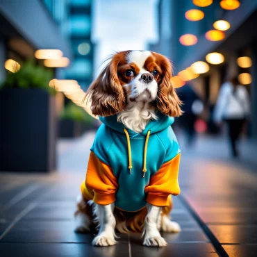 Cavalier King Charles Spaniel in a colorful hoodie sitting on a city street at night.