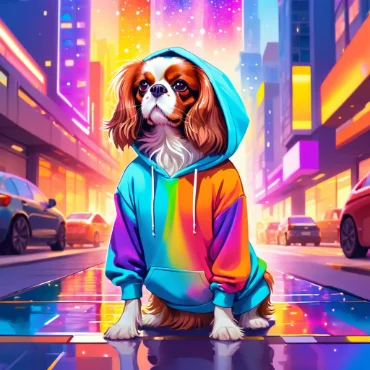 Cavalier King Charles Spaniel in a colorful hoodie sitting on a neon-lit city street.