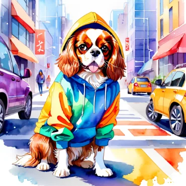 Cavalier King Charles Spaniel in a rainbow hoodie sitting on a city street.