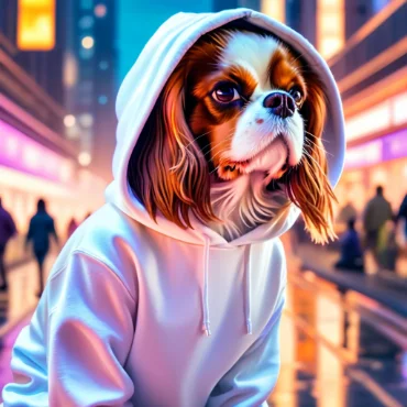 Cavalier King Charles Spaniel in a white hoodie on a busy city street at night.