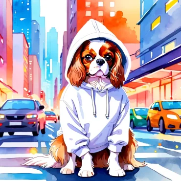 Cavalier King Charles Spaniel in a white hoodie sitting on a busy city street.