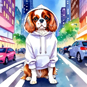 Cavalier King Charles Spaniel in a white hoodie sitting on a city street at dusk.