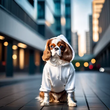 Cavalier King Charles Spaniel in a white hoodie sitting on a modern city street.