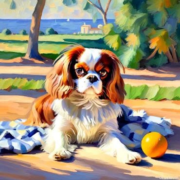 Cavalier King Charles Spaniel lying on a blanket with an orange ball near a lake and trees.