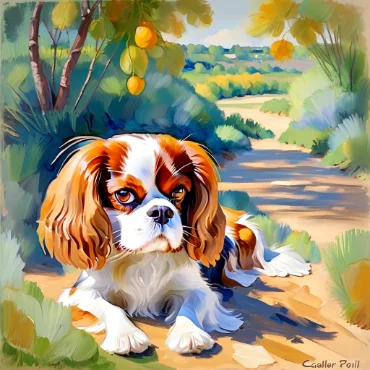 Cavalier King Charles Spaniel lying on a path under a tree with yellow fruits.