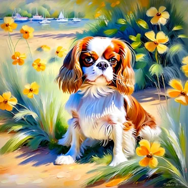 Cavalier King Charles Spaniel sitting among yellow flowers by a lakeside.