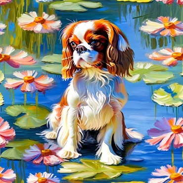 Cavalier King Charles Spaniel sitting on a lily pond with pink flowers.