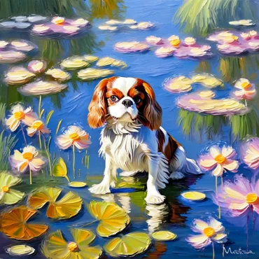 Cavalier King Charles Spaniel sitting on a lily pond with yellow and pink flowers.