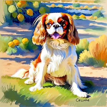 Cavalier King Charles Spaniel sitting with a happy expression surrounded by flowers and trees.