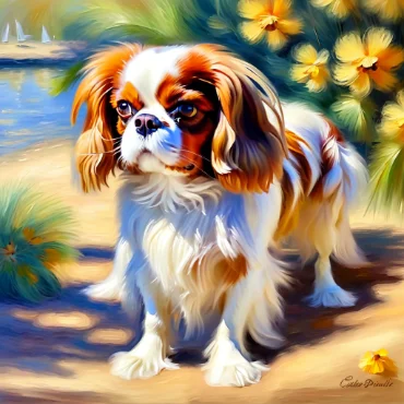 Cavalier King Charles Spaniel standing by a lakeside with yellow flowers in the background.