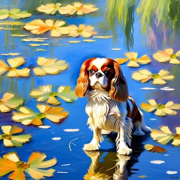 Cavalier King Charles Spaniel standing on a lily pond surrounded by yellow flowers.