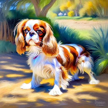 Cavalier King Charles Spaniel standing on a path with trees and bushes in the background.