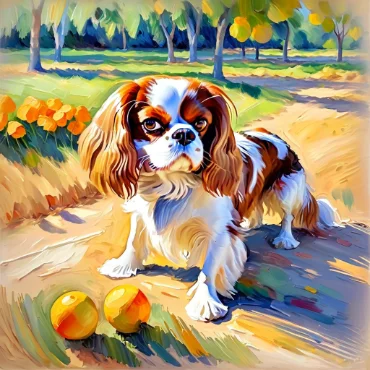 Cavalier King Charles Spaniel standing on a path with two orange balls and flowers in the background.