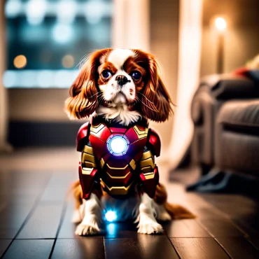 Cavalier King Charles Spaniel in an Iron Man suit sitting in a cozy room.