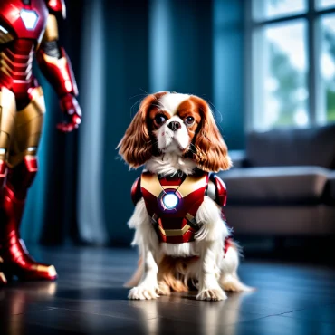 Cavalier King Charles Spaniel in an Iron Man suit sitting in a modern room.