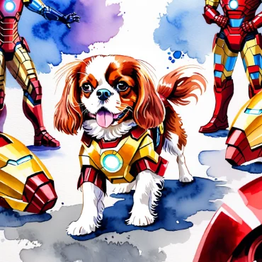 Cavalier King Charles Spaniel in an Iron Man suit surrounded by Iron Man suits.