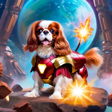 Cavalier King Charles Spaniel in an Iron Man suit with a blue planet in the background.