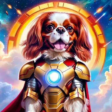 Cavalier King Charles Spaniel in an Iron Man suit with a glowing chest piece and cosmic background.