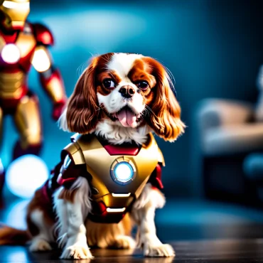 Cavalier King Charles Spaniel in an Iron Man suit with another Iron Man in the background.