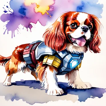 Cavalier King Charles Spaniel in an Iron Man suit with colorful splashes in the background.