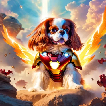 Cavalier King Charles Spaniel in an Iron Man suit with glowing wings and cosmic background.