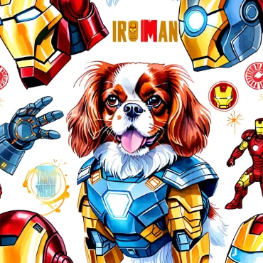 Cavalier King Charles Spaniel in an Iron Man suit with various Iron Man images in the background.