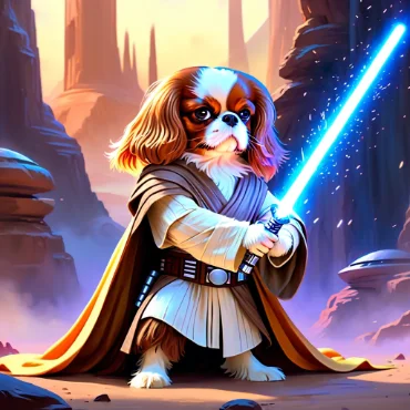 Cavalier King Charles Spaniel dressed as a Jedi with a blue lightsaber in a canyon.