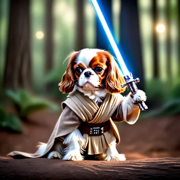 Cavalier King Charles Spaniel dressed as a Jedi with a blue lightsaber in a dense forest.