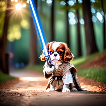 Cavalier King Charles Spaniel dressed as a Jedi with a blue lightsaber in a forest at sunrise.