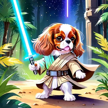 Cavalier King Charles Spaniel dressed as a Jedi with a blue lightsaber in a forest.