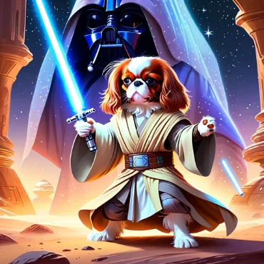 Cavalier King Charles Spaniel dressed as a Jedi with a blue lightsaber in front of Darth Vader.