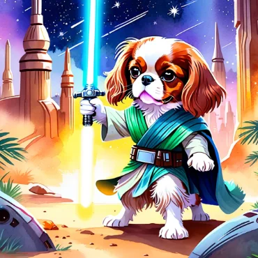 Cavalier King Charles Spaniel dressed as a Jedi with a blue lightsaber on a desert planet.