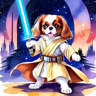 Cavalier King Charles Spaniel dressed as a Jedi with a blue lightsaber on an alien planet.