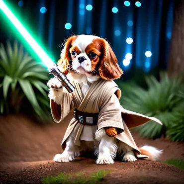 Cavalier King Charles Spaniel dressed as a Jedi with a green lightsaber in a forest at night.