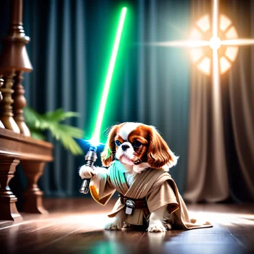 Cavalier King Charles Spaniel dressed as a Jedi with a green lightsaber in a room with a glowing emblem.