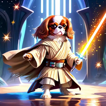 Cavalier King Charles Spaniel dressed as a Jedi with an orange lightsaber in a futuristic city.