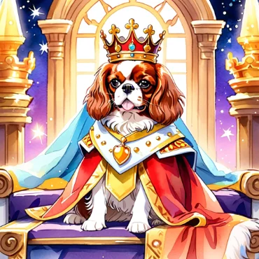 A Cavalier King Charles Spaniel dressed as a regal king, wearing a crown and royal robe, seated on a throne in an ornate palace setting.