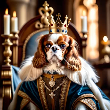 Cavalier King Charles Spaniel wearing a crown and a blue and gold cape, sitting on a dark wooden throne.