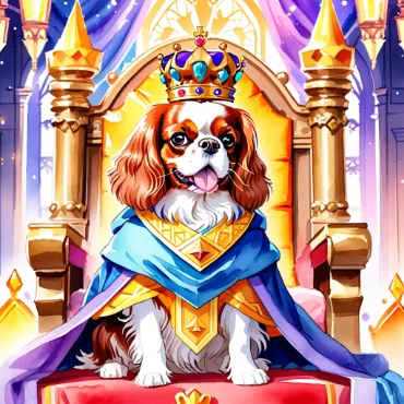 Cavalier King Charles Spaniel wearing a crown and a blue cape, sitting on a throne.