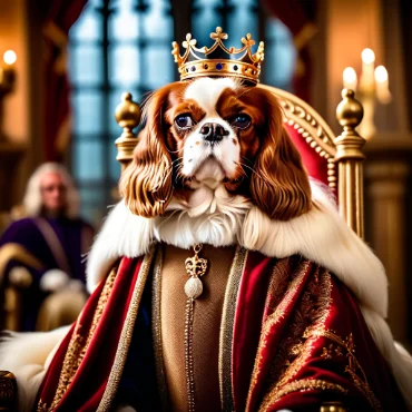 Cavalier King Charles Spaniel wearing a crown and a gold and red robe, sitting on a throne in an elegant room.