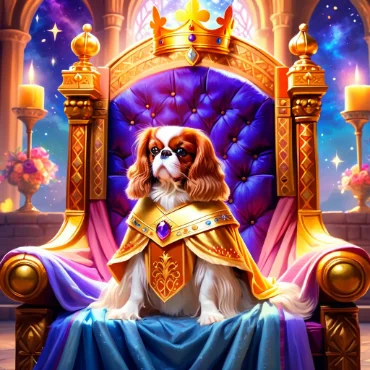 Cavalier King Charles Spaniel wearing a crown and a gold cape, sitting on a purple throne.