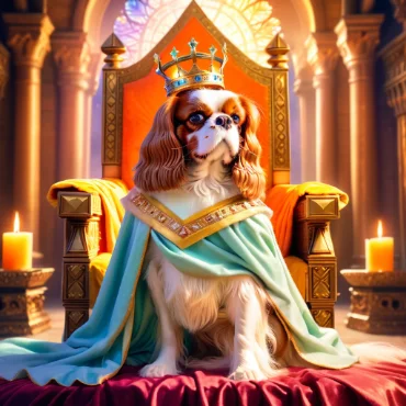 Cavalier King Charles Spaniel wearing a crown and a green cape, sitting on a throne in a candle-lit room.