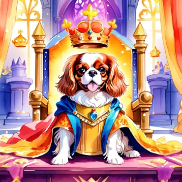 Cavalier King Charles Spaniel wearing a crown and a multicolored cape, sitting on a throne.