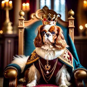 Cavalier King Charles Spaniel wearing a crown and a red and gold robe, sitting on a throne with golden accents.