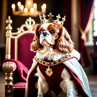 Cavalier King Charles Spaniel wearing a crown and a red robe, sitting on a red throne.