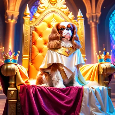 Cavalier King Charles Spaniel wearing a crown and a white cape, sitting on an ornate golden throne.