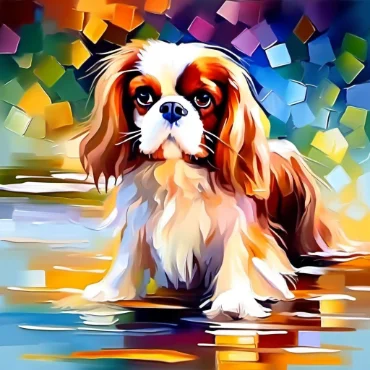 Cavalier King Charles Spaniel standing on a colorful background.