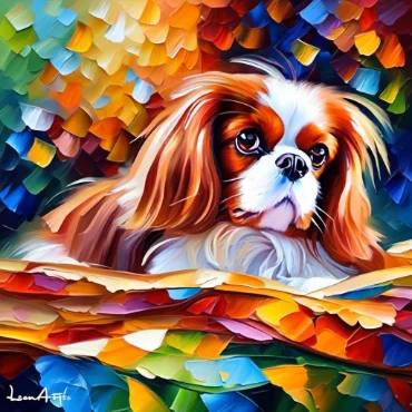 Cavalier King Charles Spaniel surrounded by colorful abstract shapes.